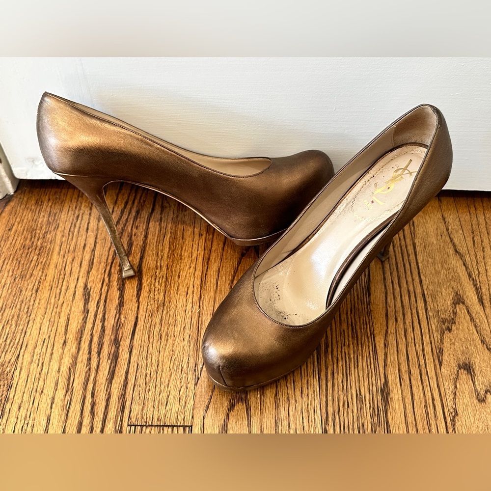 Ysl Yves Saint Laurent bronze leather Tribtoo pumps heels platform shoes - Picture 6 of 14
